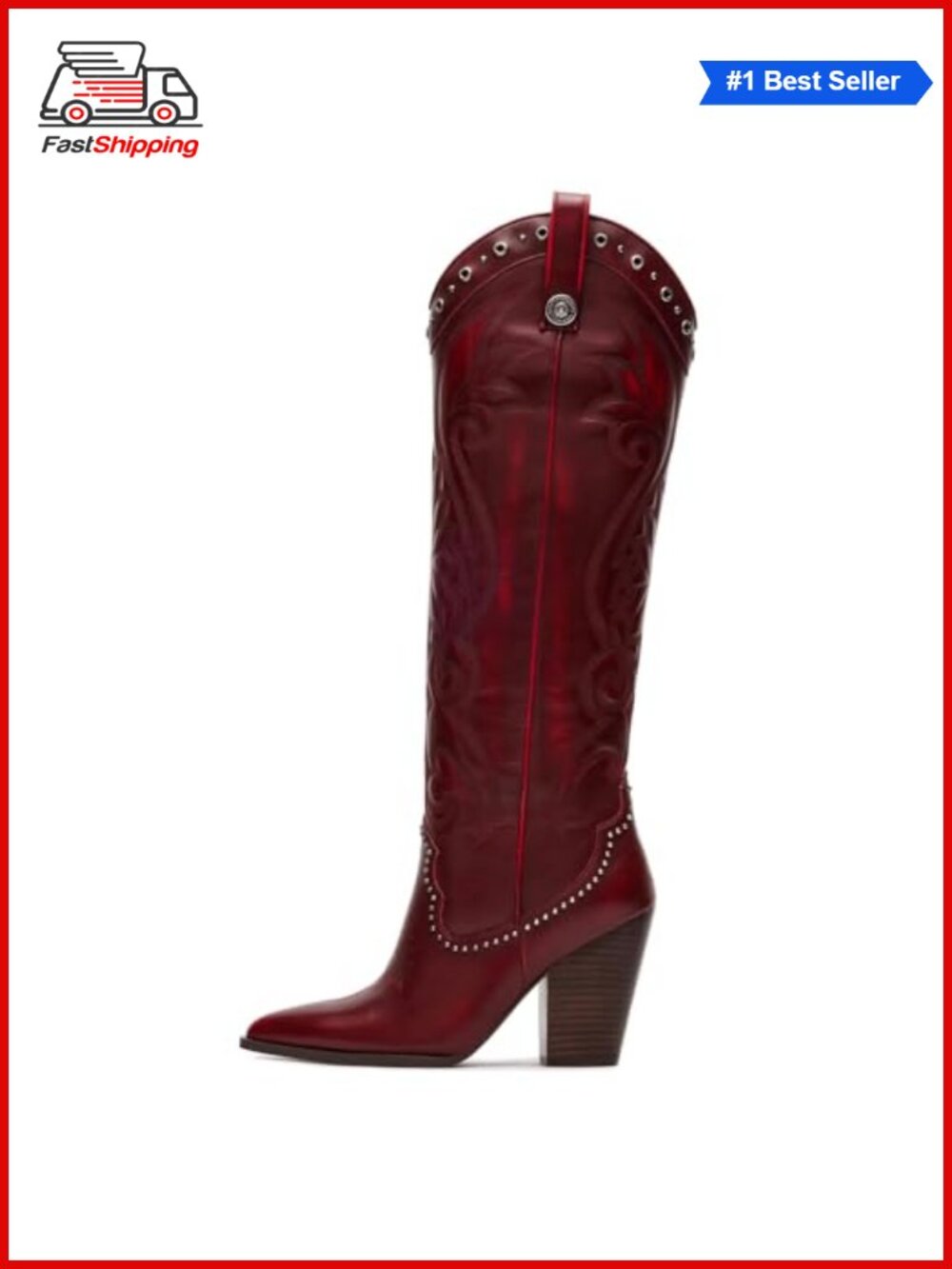 ✨ Pointed Toe Chunky High Heels Knee High Cowboy Boots Pull-on Embroidered